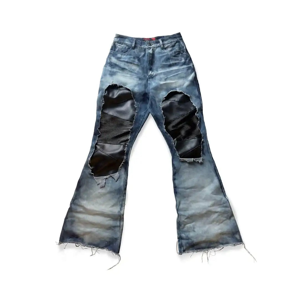 OEM Custom Vintage Designer Biker Flare Denim Jeans for Men Breathable Washed Distressed Leather Patch Patchwork Winter Spring
