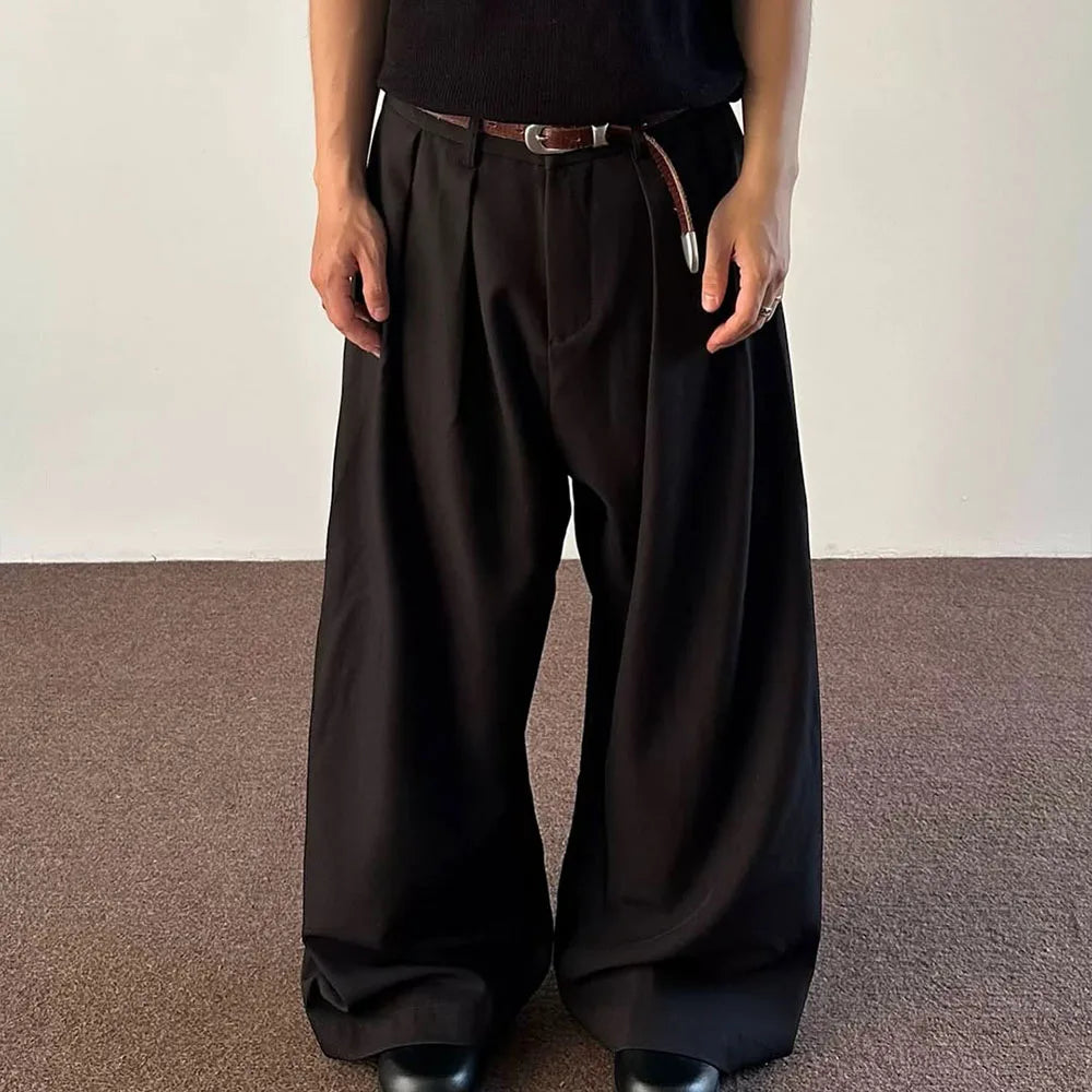 Custom Lightweight Casual Men's Khaki Wide Leg Mid Waist Pleated Pants For Men Korean Pants