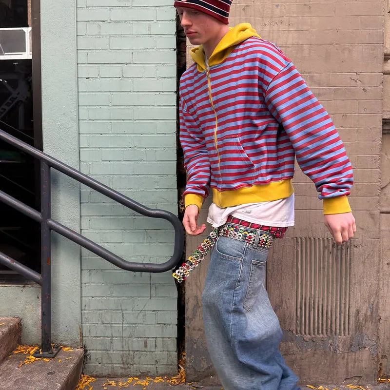 Custom Mens Multi Striped Hoodie 100 Cotton  Zip up Streetwear Hoodie with Zipper