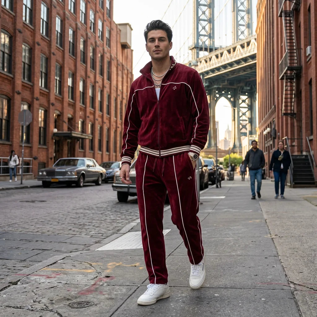 Custom High Quality 100% Polyester Stripe Loose Zip Sweatsuit Embroidery Sport Jogger Sets Men Velvet Tracksuit Velour