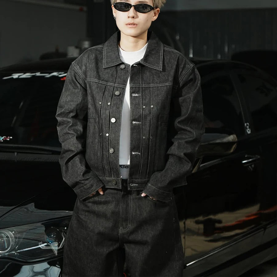 Custom Denim Sets Two Piece for Women Men Clothing Black Raw Selvedge Denim Set High Quality