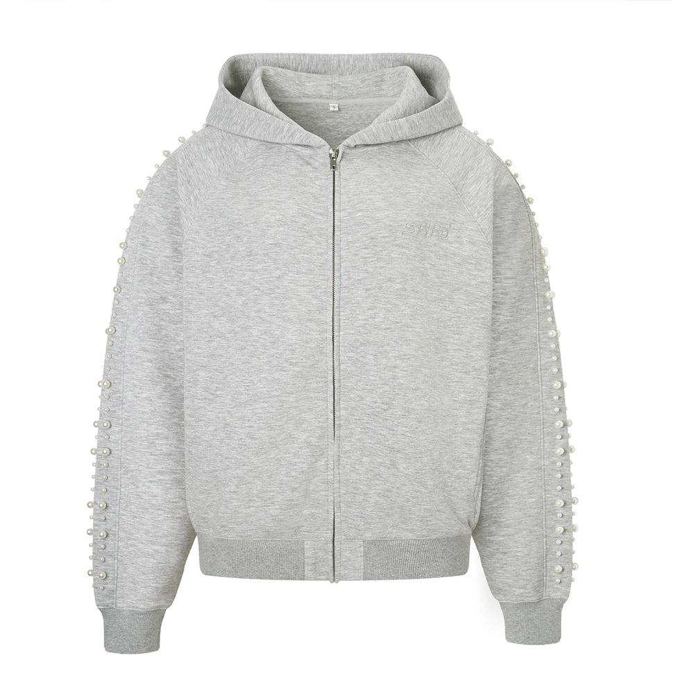 High Quality Zip-Up Pearl Hoodie for Men Autumn 400 Grams 100% Cotton Casual Oversized Custom Beaded Unisex