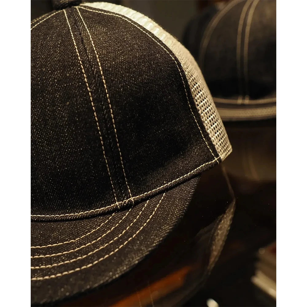 Custom Made Snap Back Denim Caps for Men Premium Mesh Black Denim Hat 7 Panel Blank Snapback Hats