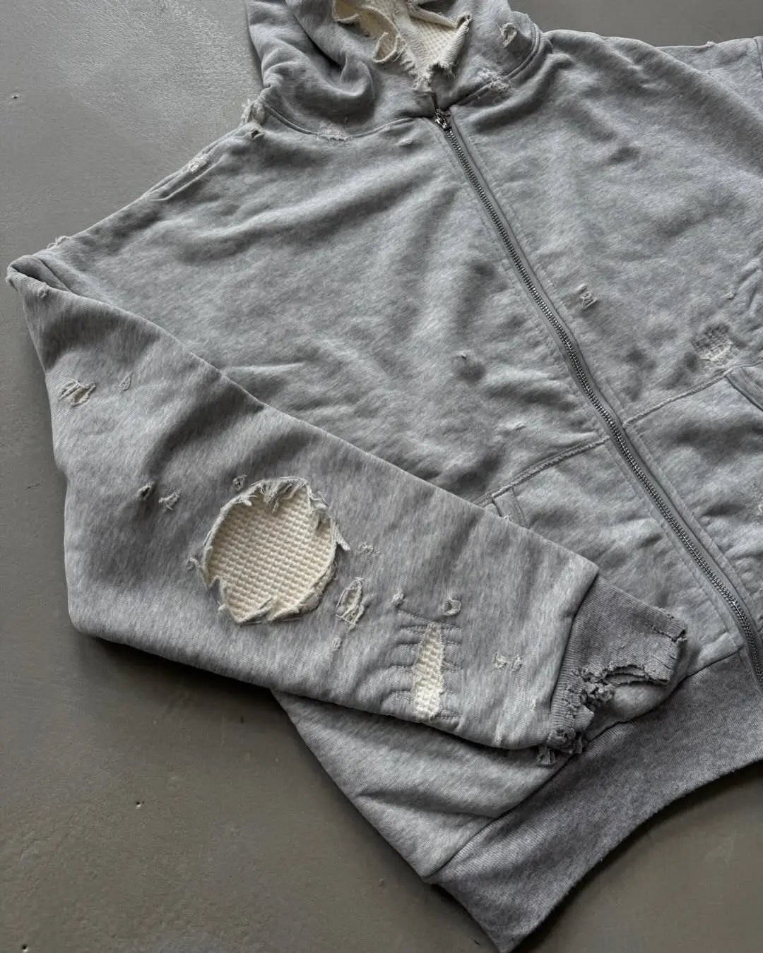 Custom Zip Up Waffle Knit Lined Hoodie Men Boxy Fit Distressed Hoodie with Waffle Lining