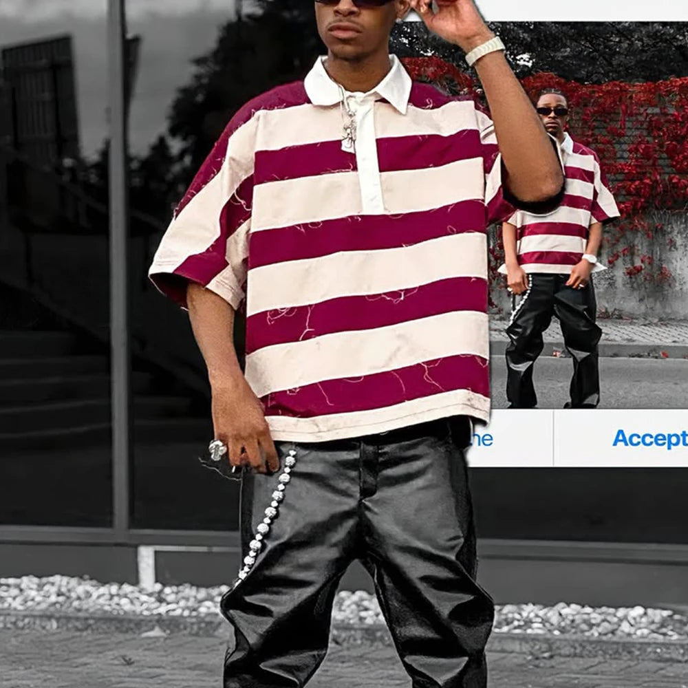 Custom Men's Designer Oversize Embroidered Polo Shirts Wholesale Boxy Fit Stripped Polo Shirts