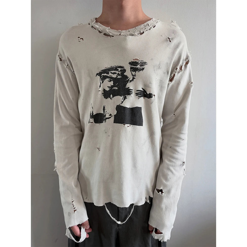 Custom Heavyweight Boxy Long Sleeve Tee Shirt Men Vintage Distressed Tshirts High Quality