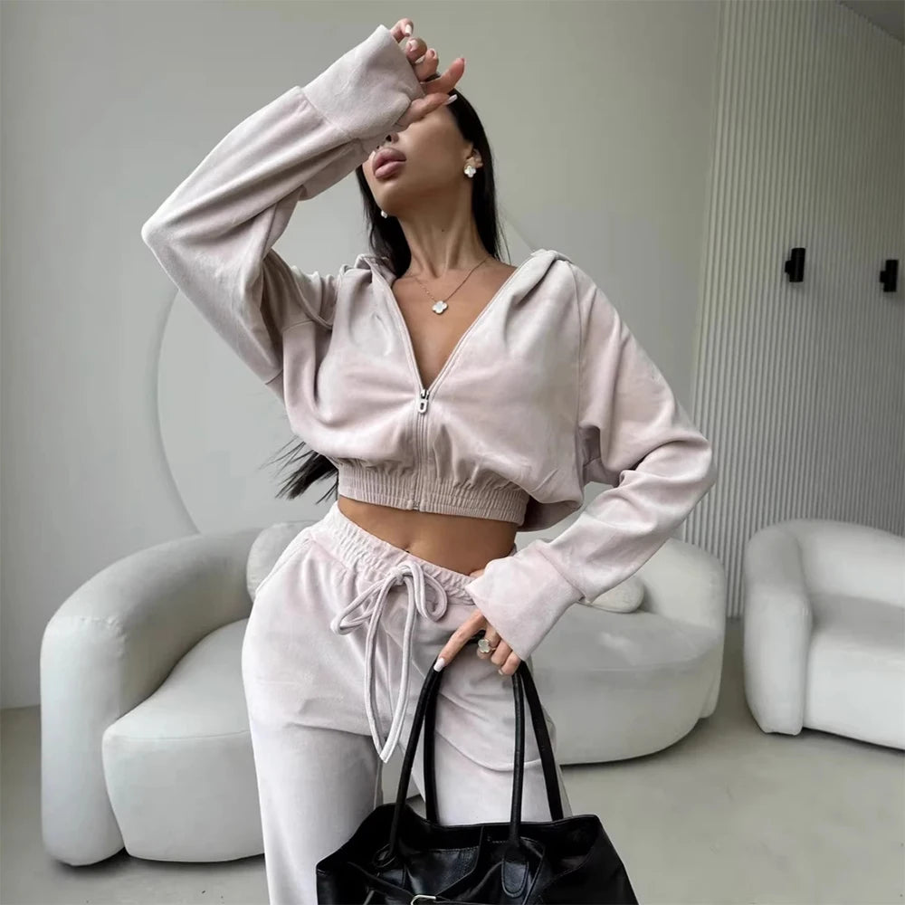 Custom Women's Tracksuit Set Ladies Velvet Tracksuit Women Velour Cropped Hoodie Tracksuit Set Track Suits for Ladies Women