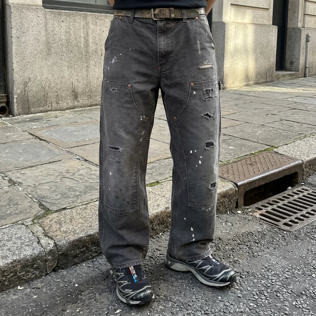 Custom Vintage Straight Mid Waist Work Trousers Distressed Double Knee Carpenter Pants Men's Casual