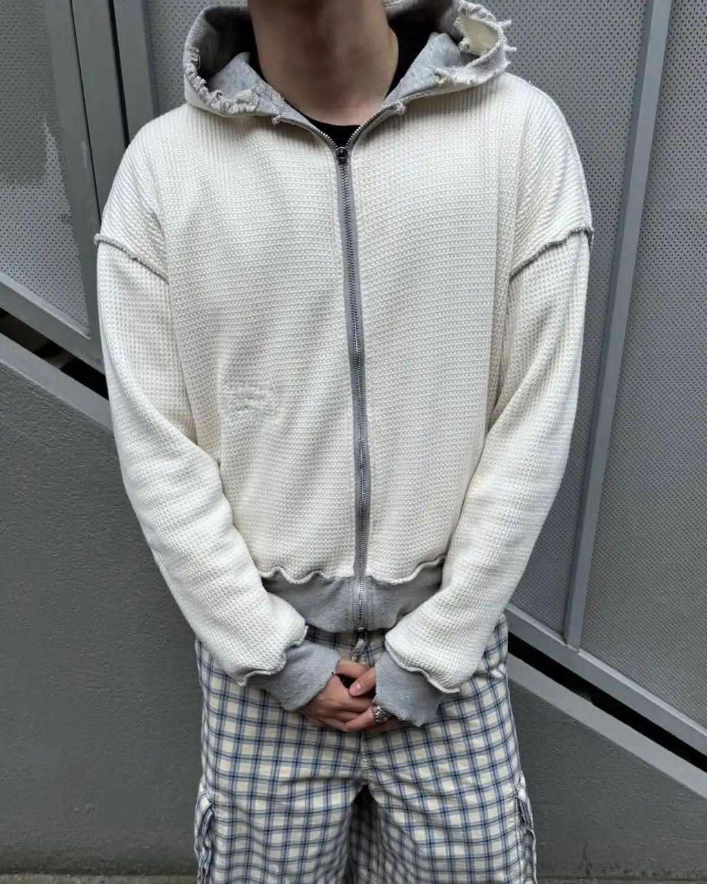 Custom Zip Up Waffle Knit Lined Hoodie Men Boxy Fit Distressed Hoodie with Waffle Lining