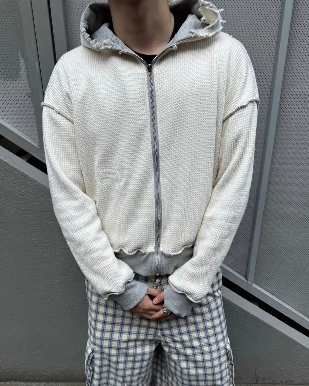 Custom Zip Up Waffle Knit Lined Hoodie Men Boxy Fit Distressed Hoodie with Waffle Lining