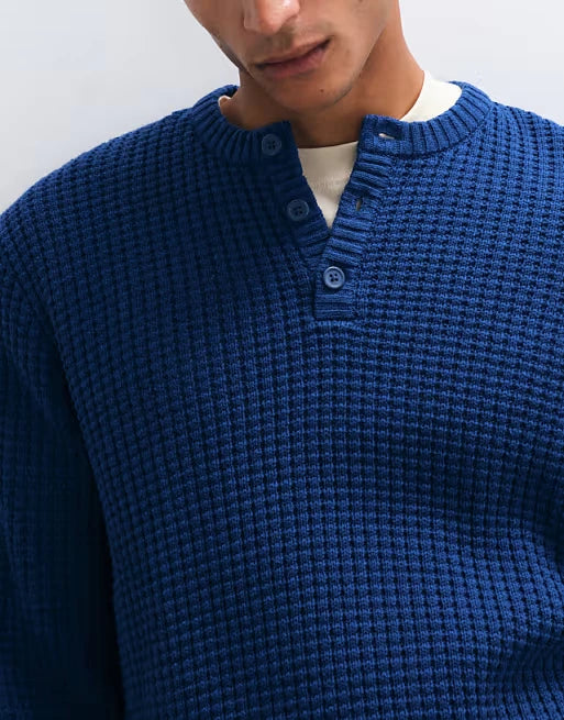 Custom Men's Casual Textured Waffle Henley Sweater for Men Knitted Sweater Clothing Manufacturer