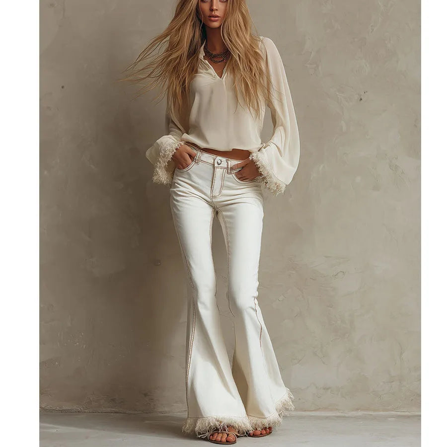 Custom Women's Skinny Flare Jeans White Frayed Hem Low Rise 100% Cotton Denim