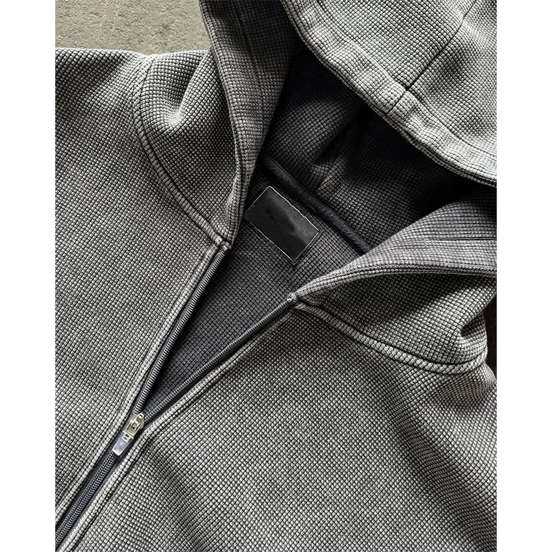 Custom Vintage Wash Cotton Waffle Knit Hoodie Men Thermal Waffle Knit Zip up Hoodie Men