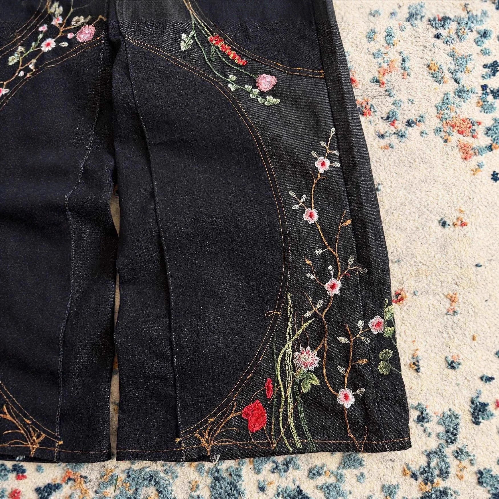 Custom Baggy Jeans Y2k Selvage Denim Jeans Black Wide Leg Embroidery Wide Leg  Floral Jeans for Men