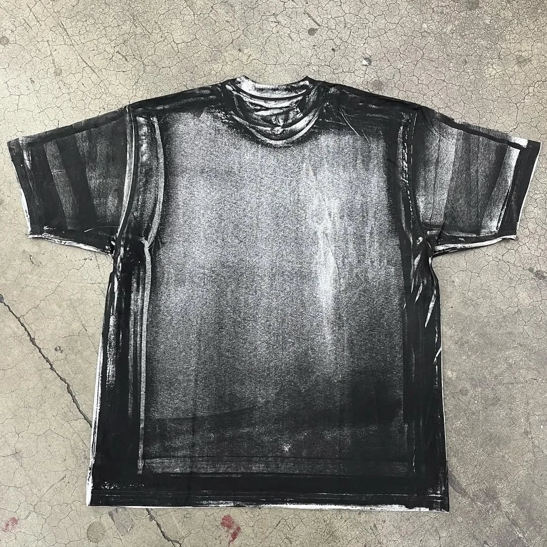 Men's Loose Short Sleeve T - Shirt with Artistic Black Ink Painting Design 280 Gsm Tshirt