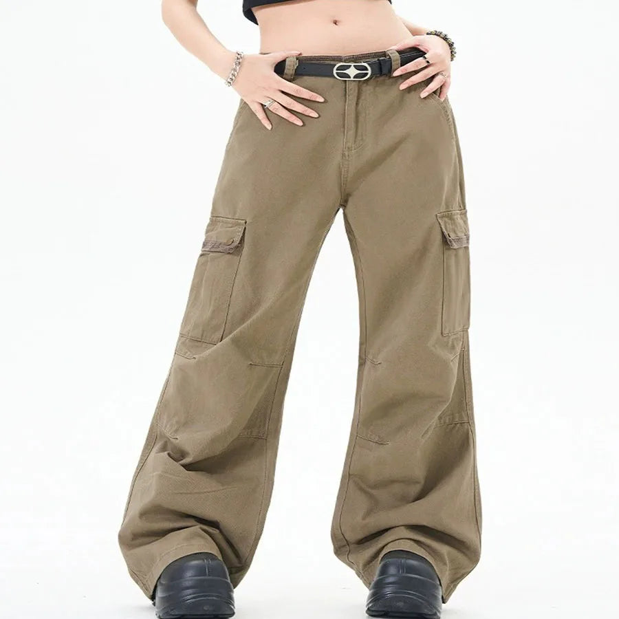 Custom Women's Wide Leg Cargo Pants Spring Casual Loose Fit High Waist Drawstring Closure 6 Pockets