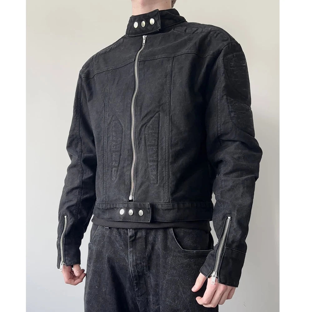 Custom 3D Padding Zip up Biker Jacket Men Black Biker Denim Jacket for Men