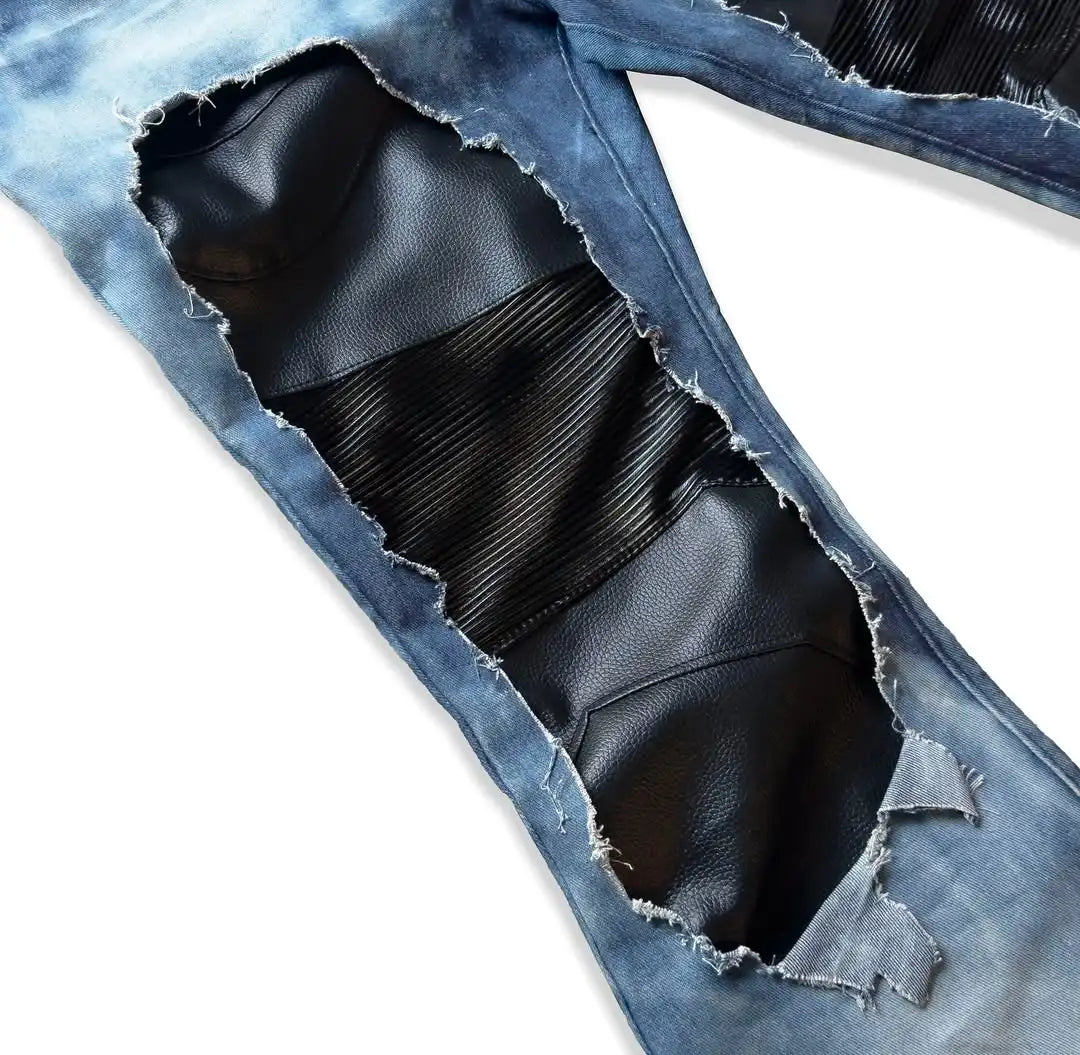 OEM Custom Vintage Designer Biker Flare Denim Jeans for Men Breathable Washed Distressed Leather Patch Patchwork Winter Spring