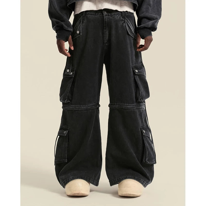 Custom Baggy Casual Heavyweight Denim Light Wash Mid Waist Knitted Cargo Pants for Men with Side Pockets Spring Polyester/Cotton