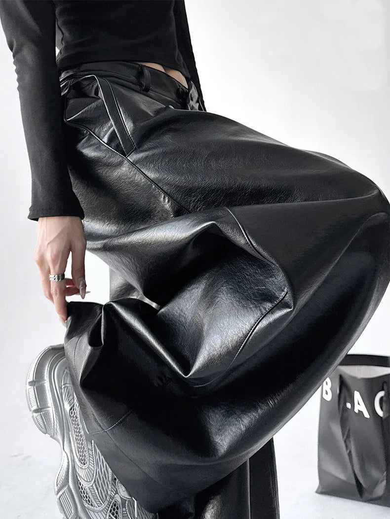 Custom Ladies Casual Wide Leg Leather Pants for Women Black Pu Leather Pants Trouser