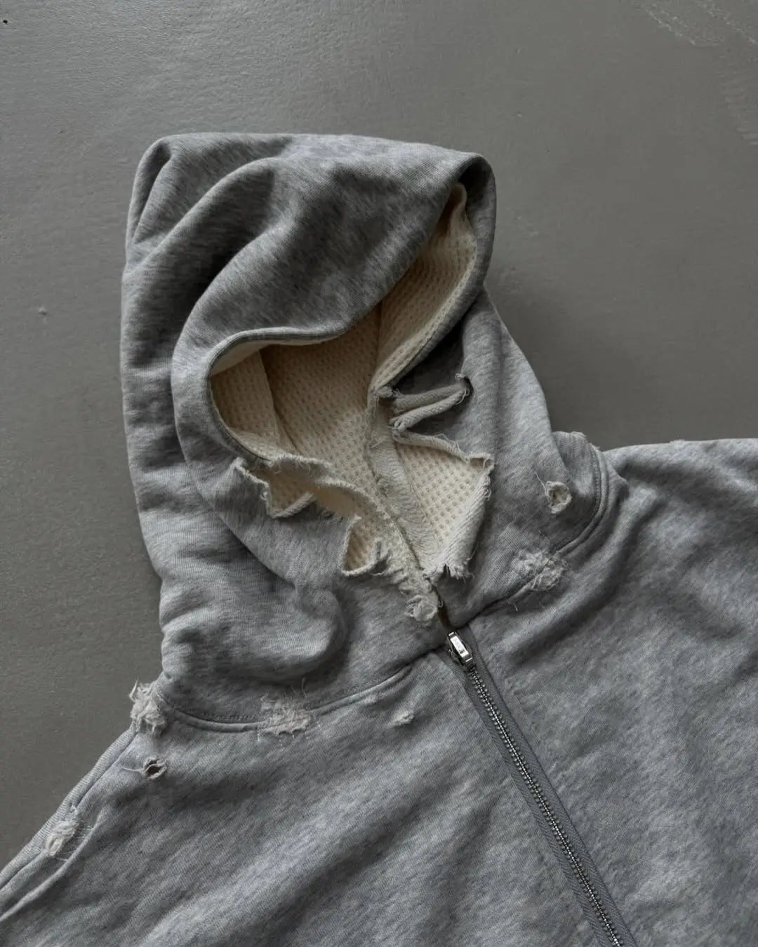 Custom Zip Up Waffle Knit Lined Hoodie Men Boxy Fit Distressed Hoodie with Waffle Lining