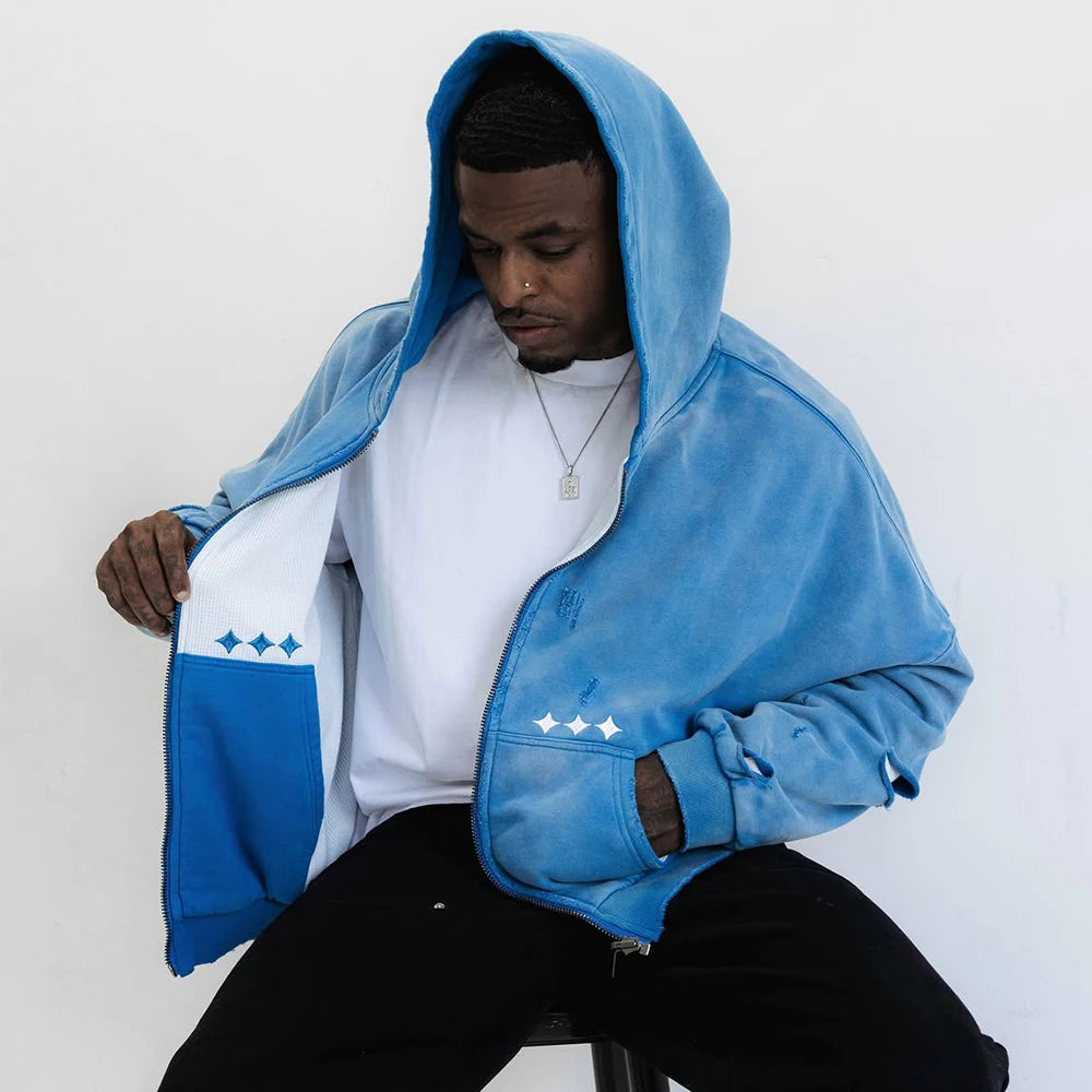 Custom Boxy Zip up Reversible Hoodie for Men Oversize Waffle Knit Lined Hoodie Unisex