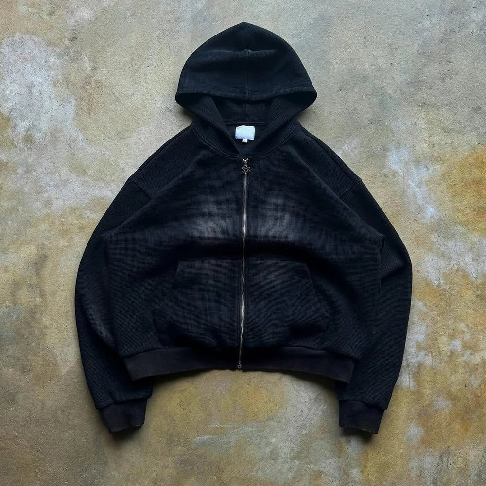 Custom Waffle Knit Zip up 450 Gsm Oversized Hoodie for Men Zipup Waffle Hoodie