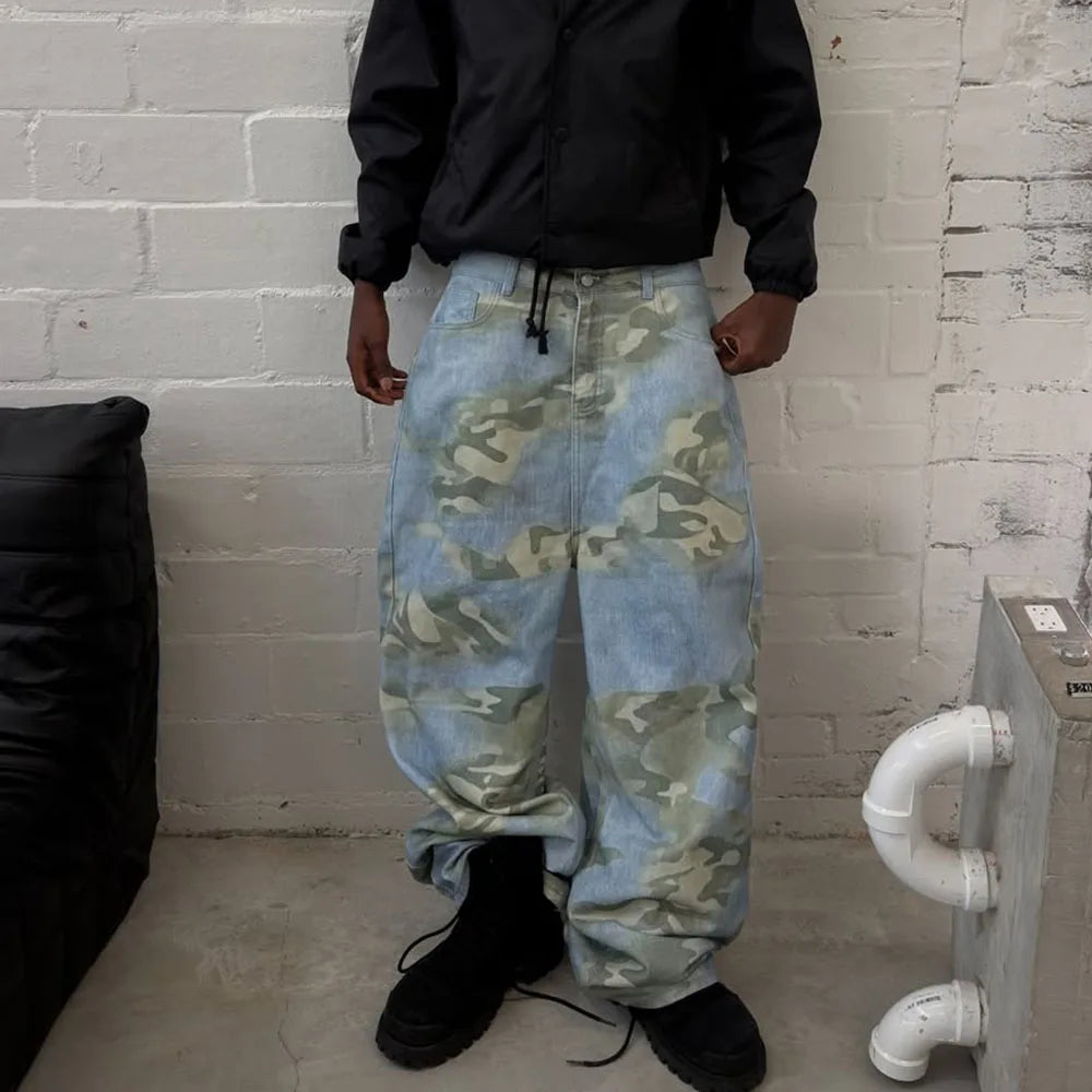 Custom Men's Jeans High Quality Men Baggy Jeans Pants for Men Camo Print Wide Leg Denim Jeans Manufacturer