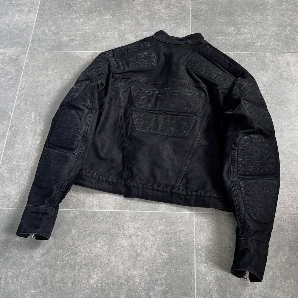 Custom 3D Padding Zip up Biker Jacket Men Black Biker Denim Jacket for Men