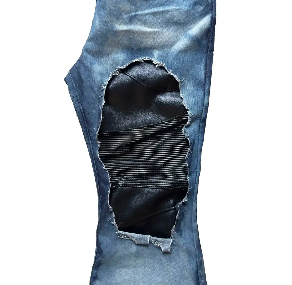 OEM Custom Vintage Designer Biker Flare Denim Jeans for Men Breathable Washed Distressed Leather Patch Patchwork Winter Spring