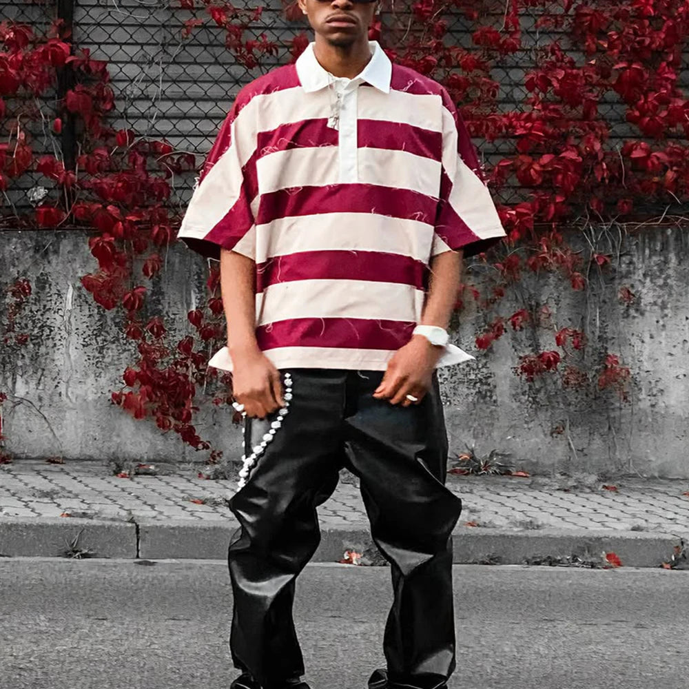 Custom Men's Designer Oversize Embroidered Polo Shirts Wholesale Boxy Fit Stripped Polo Shirts