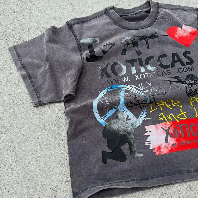 Custom 220 Grams 100% Cotton Oversized Knitted Tee Shirt with Graphic Print Vintage Style Acid Wash Finish for Men
