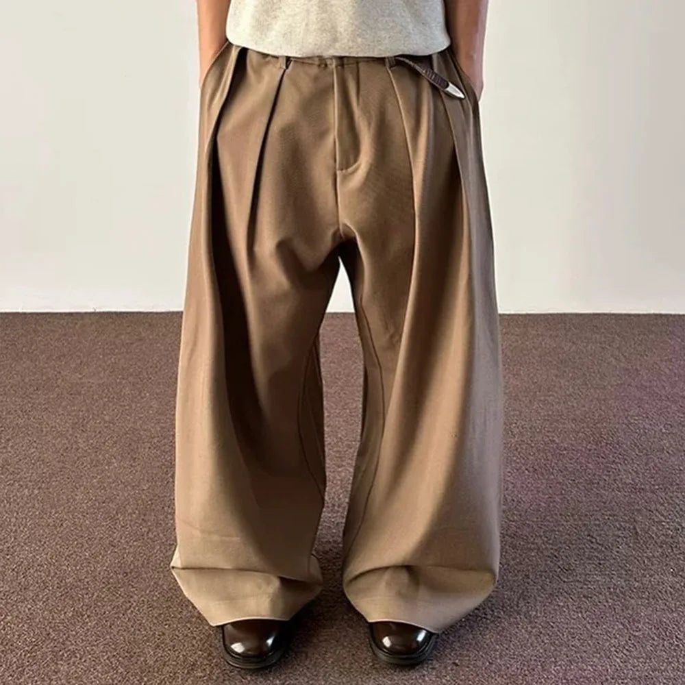 Custom Lightweight Casual Men's Khaki Wide Leg Mid Waist Pleated Pants For Men Korean Pants