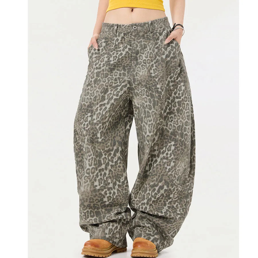 Custom Eco-Friendly Casual Spring Women's Loose Fit Leopard Print Wide Leg Barrel Pants Polyester/Cotton New Styles
