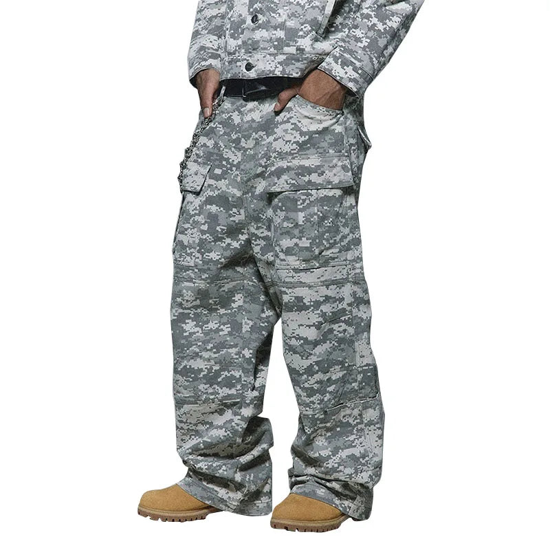 Custom Men's Straight Casual Mid Waist Heavyweight Baggy Cargo Pants Polyester/Cotton Anti-Pilling Side Pockets