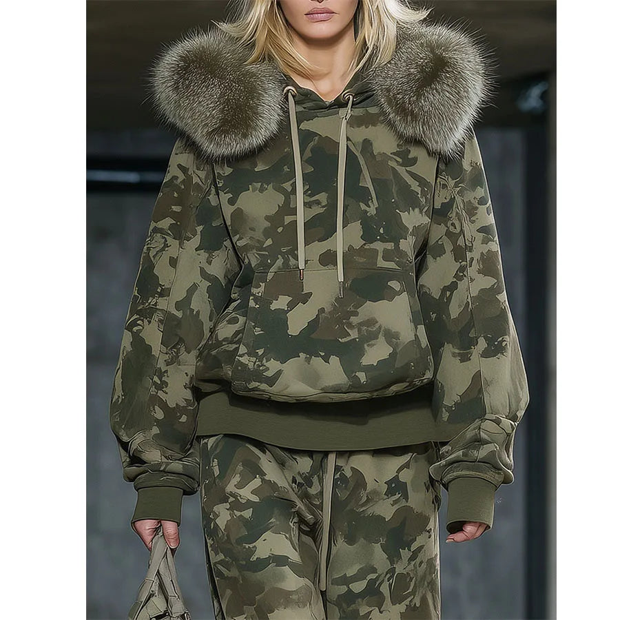 Custom Women's Printed Camouflage Fur Tracksuit for Women Jogger Set Camo Hoodie and Sweatpants