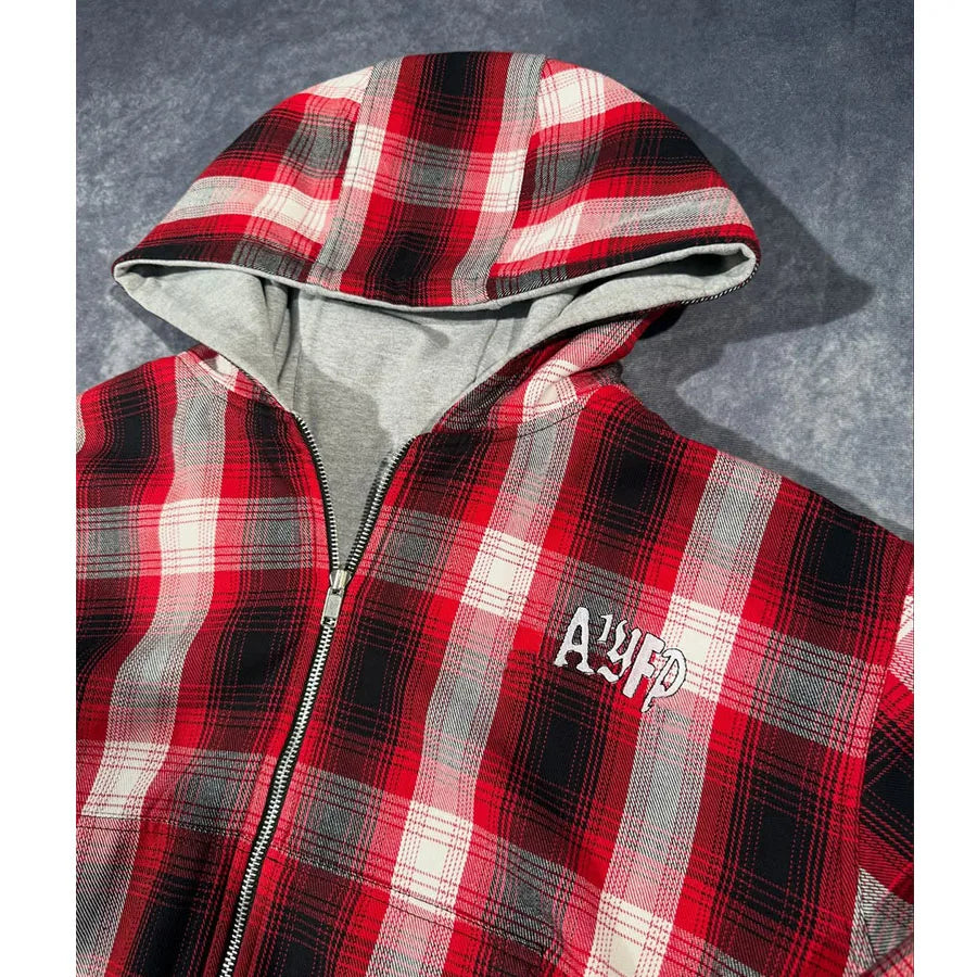 Custom Zipper Plaid Tracksuit for Men Double Waist Sweatpants and Hoodie Set