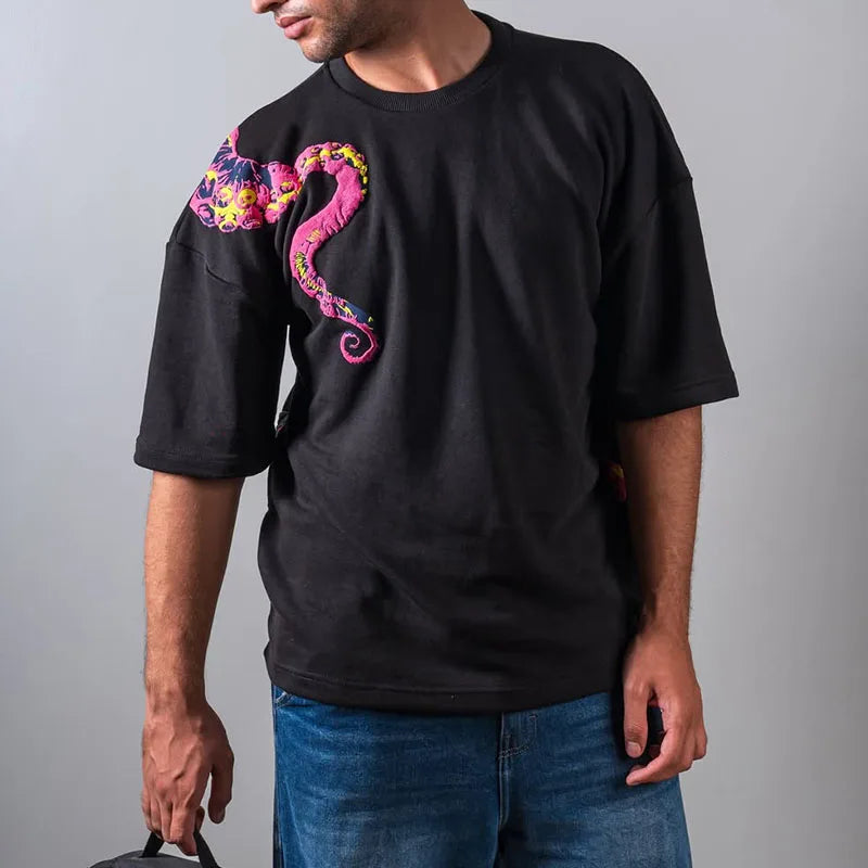 Custom Tee Shirt  200 Gsm Black Screen Print Tshirt for Men 3D Puff Printing t Shirt