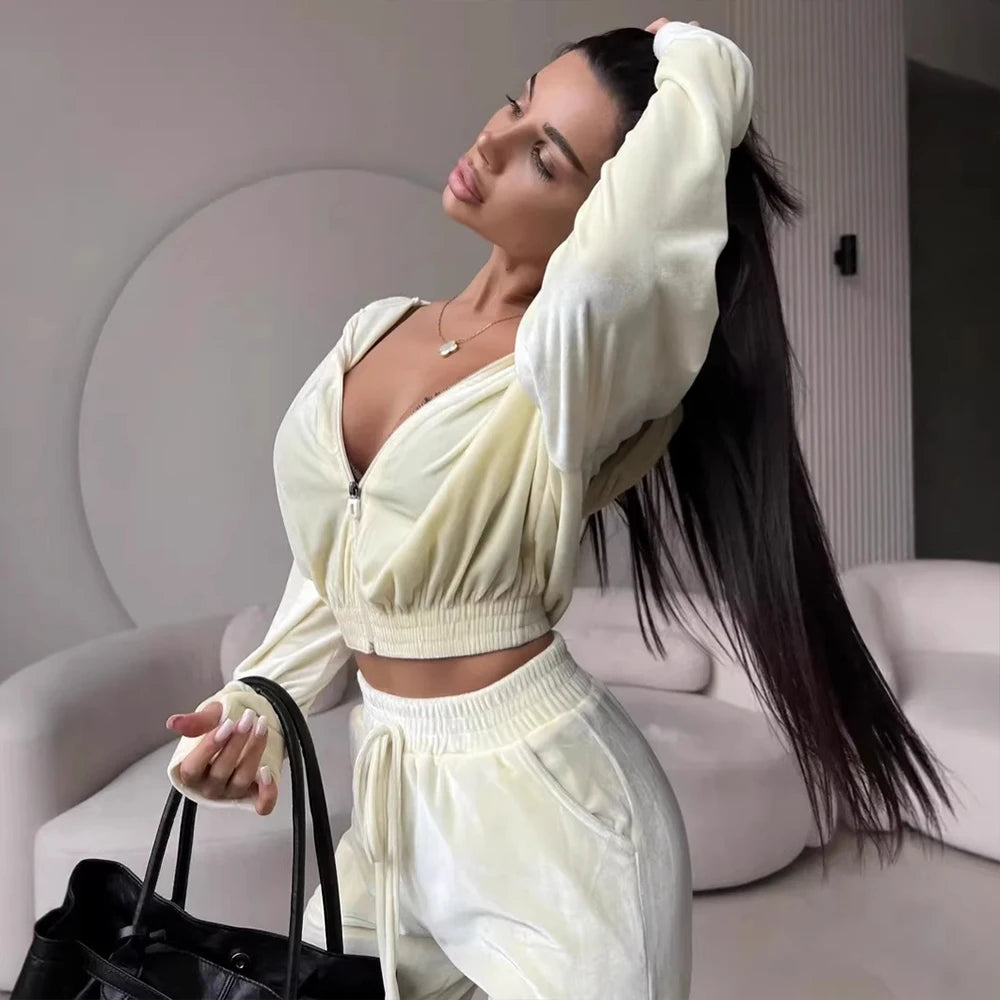 Custom Women's Tracksuit Set Ladies Velvet Tracksuit Women Velour Cropped Hoodie Tracksuit Set Track Suits for Ladies Women