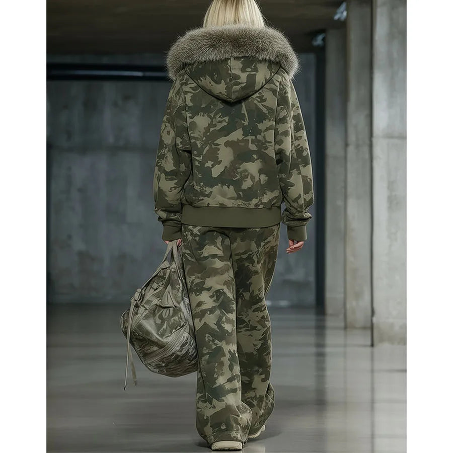 Custom Women's Printed Camouflage Fur Tracksuit for Women Jogger Set Camo Hoodie and Sweatpants