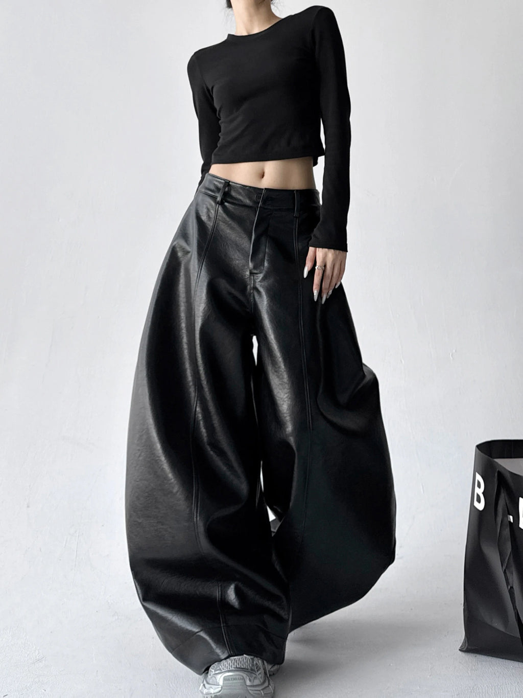 Custom Ladies Casual Wide Leg Leather Pants for Women Black Pu Leather Pants Trouser