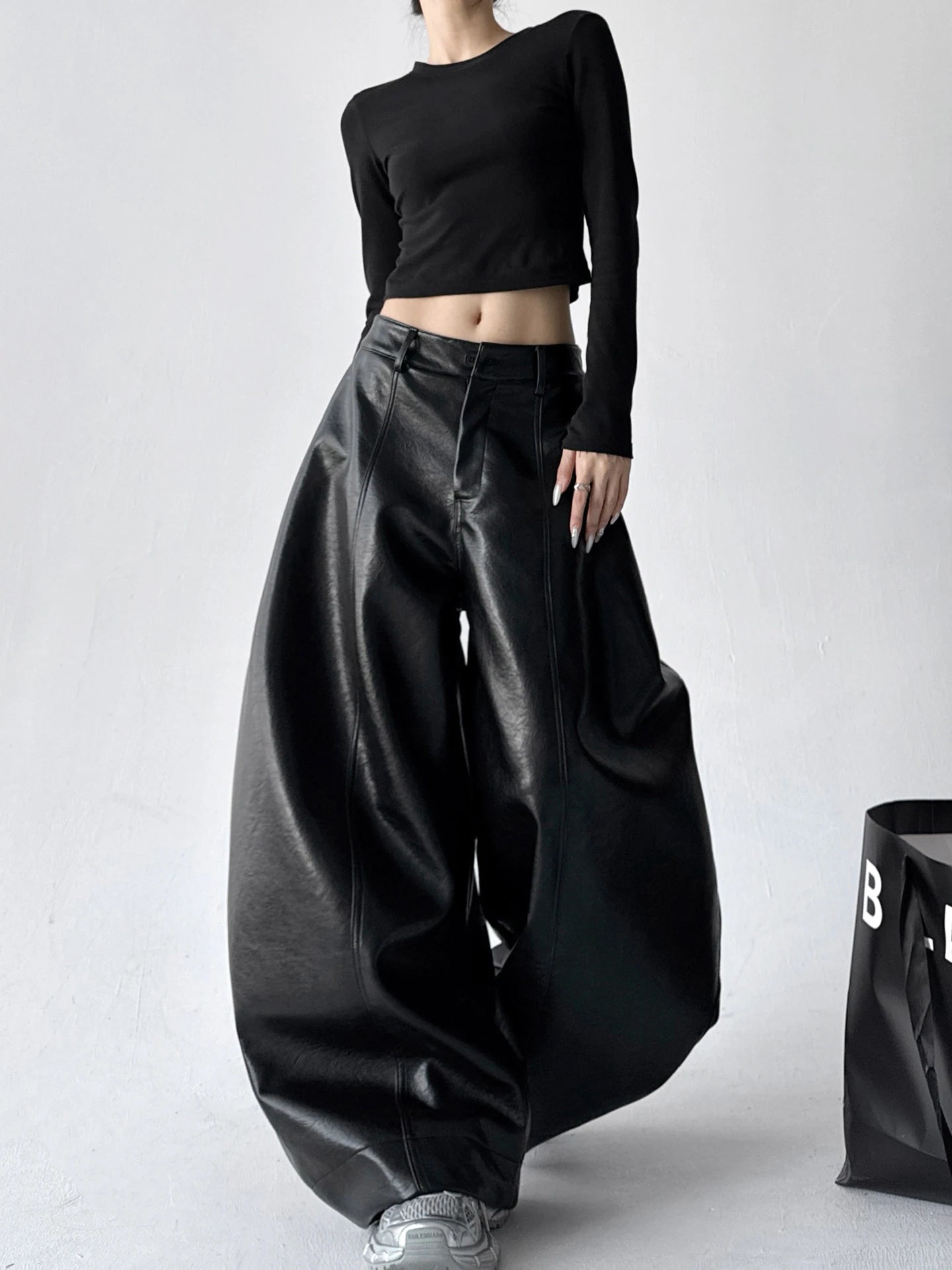 Custom Ladies Casual Wide Leg Leather Pants for Women Black Pu Leather Pants Trouser