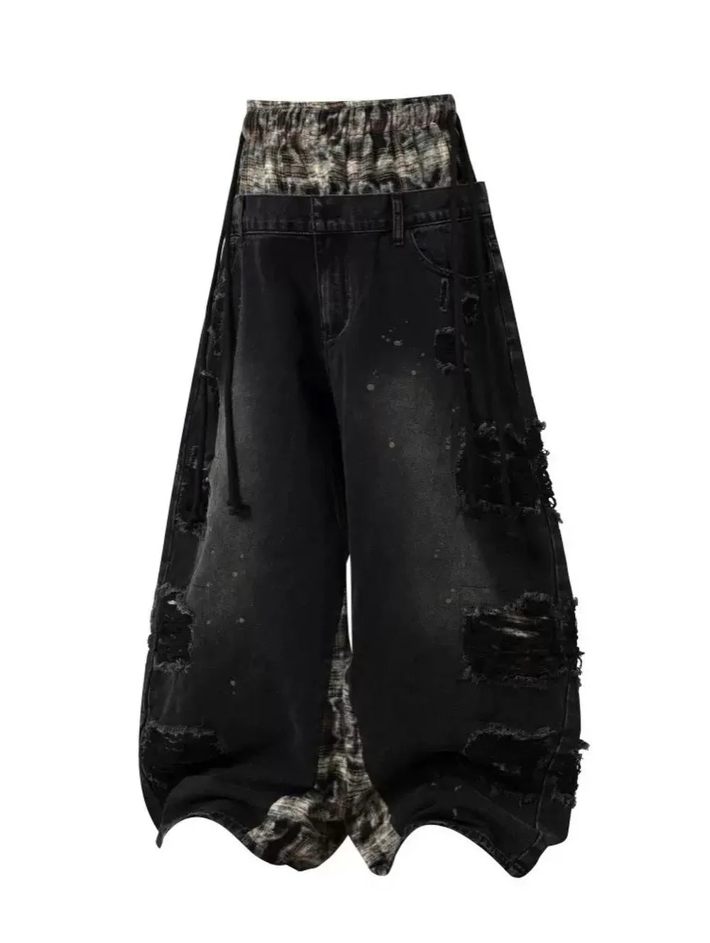 Custom Plus Size Women's Double Layer Waist Baggy Denim Jeans Ripped Wide Leg Jeans for Ladies