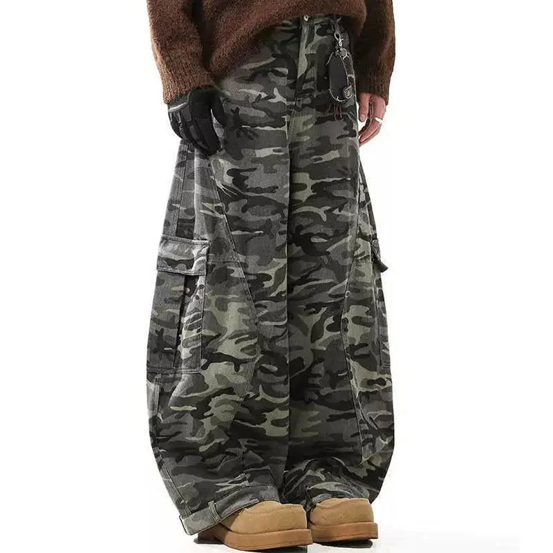 Manufacturer Custom Streetwear Vintage Oversized Loose Wide Leg Baggy Trousers Camo Cargo Pants Men