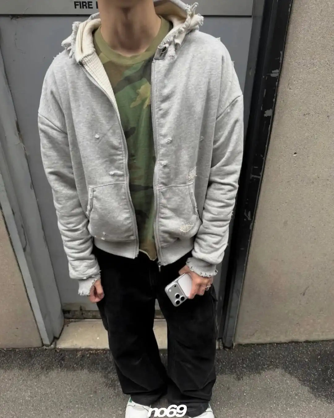 Custom Zip Up Waffle Knit Lined Hoodie Men Boxy Fit Distressed Hoodie with Waffle Lining