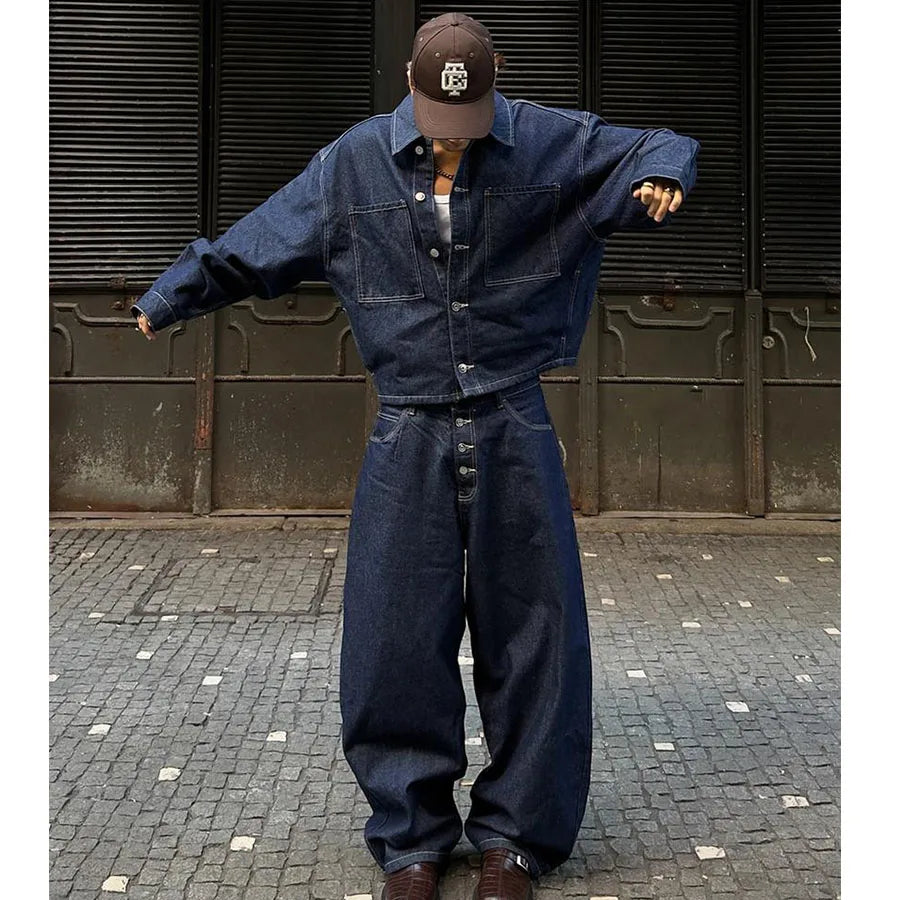 Custom Men's 2 Piece Denim Shirt Set Streetwear Jean Jacket and Pants Set for Men