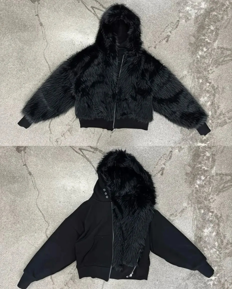 Custom Winter Zip up Fur Lining Hoodie Unisex Thick White Faux Fur Hoodie Plain Clothing