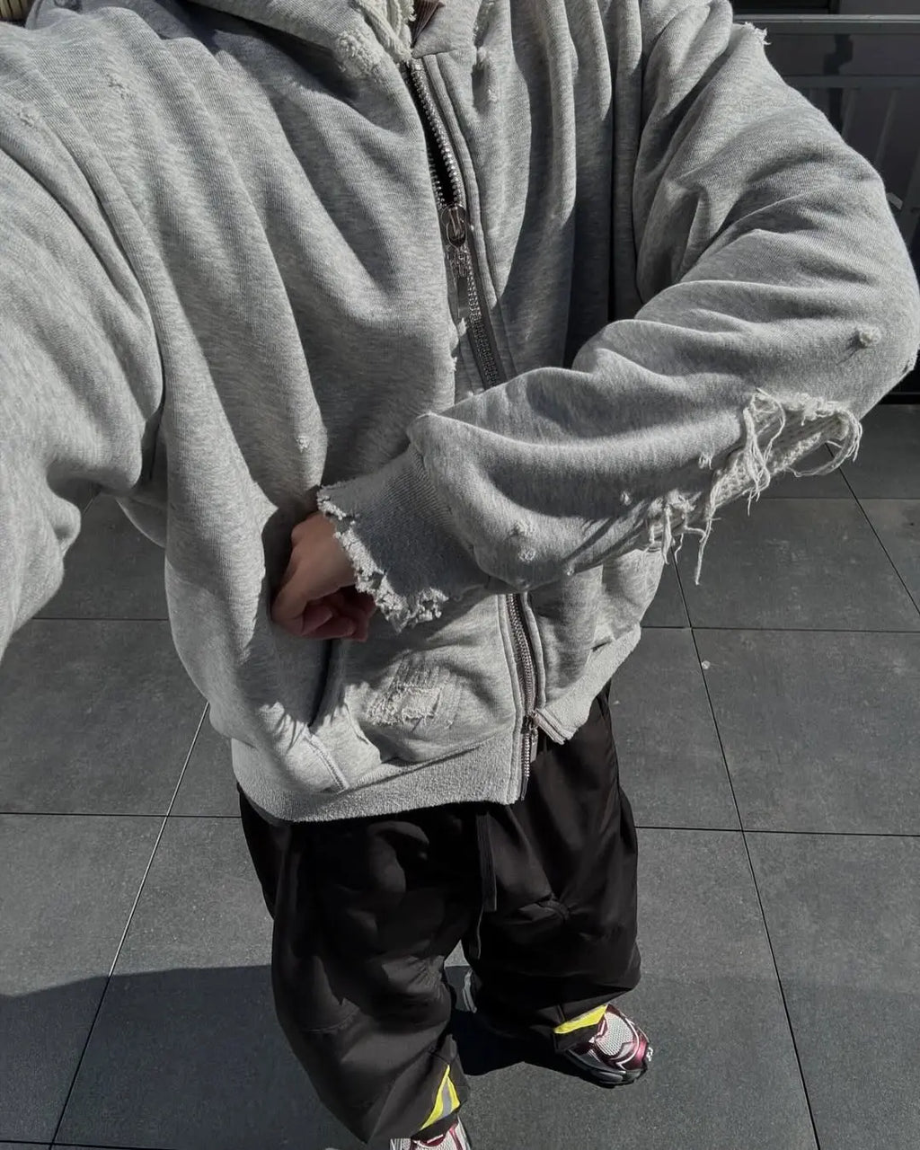 Custom Zip Up Waffle Knit Lined Hoodie Men Boxy Fit Distressed Hoodie with Waffle Lining