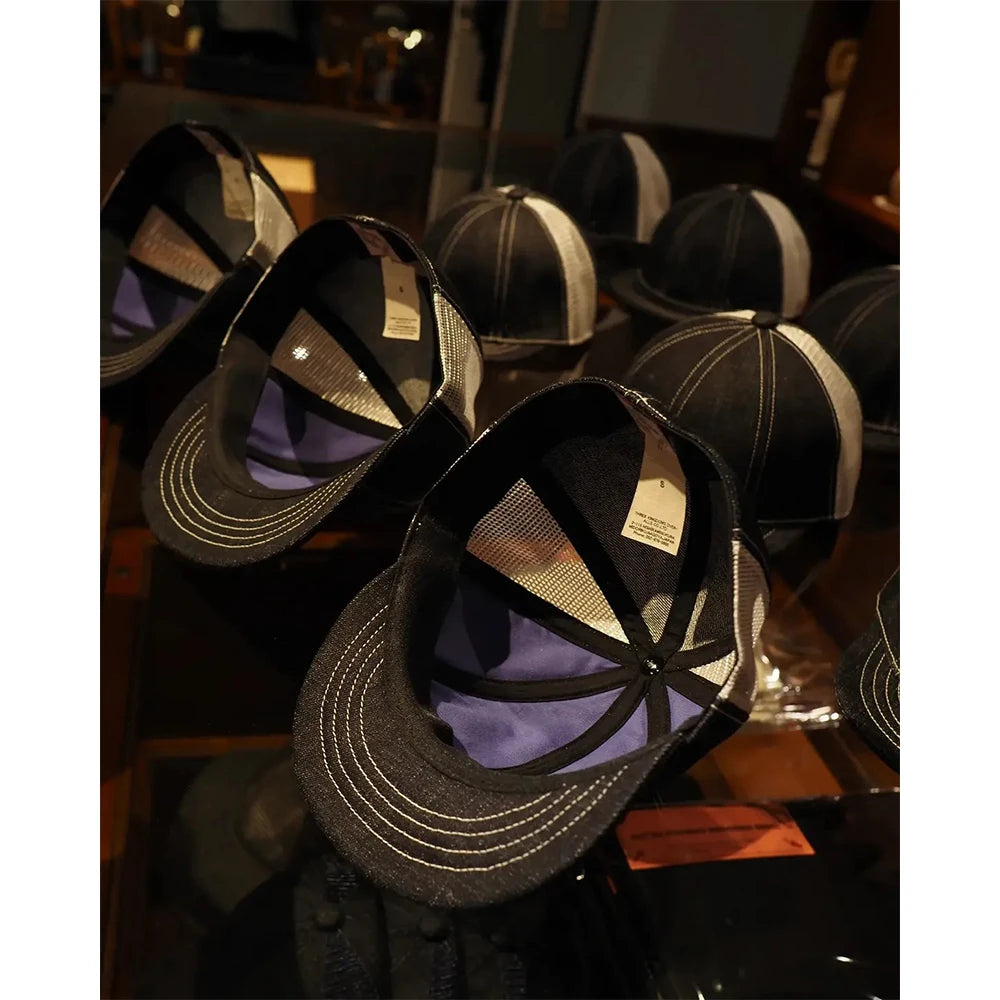 Custom Made Snap Back Denim Caps for Men Premium Mesh Black Denim Hat 7 Panel Blank Snapback Hats