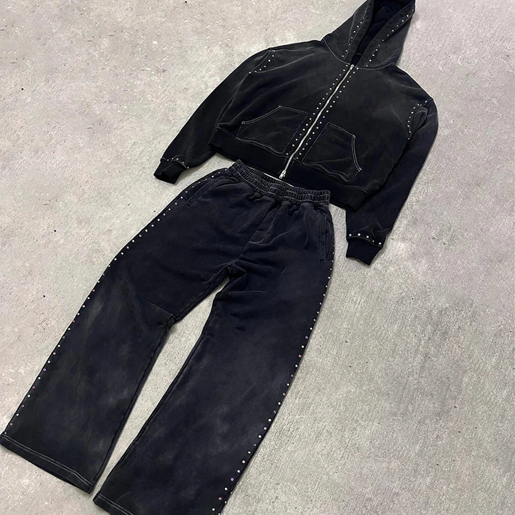 Men's Hoodies Rhinestone 100% Cotton Sweatpants and Hoodie Acid Wash Set Oversized Full Zip up Custom Heavyweight for Men